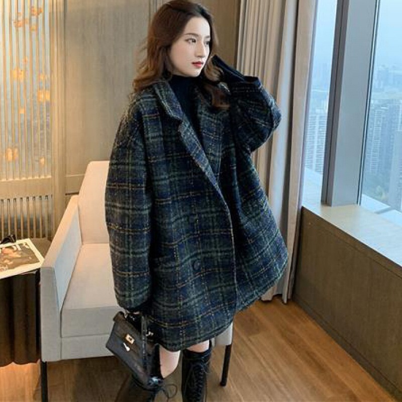 In-Stock Thickened Cotton-Padded Blazer for Autumn and Winter 2026, Loose Plaid Tweed Mid-Length Thick Woolen Coat