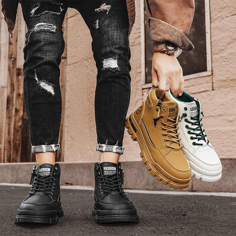 春と秋のパーソナライズされた耐摩耗性ハイトップマーティンブーツ韓国スタイルの多用途メンズブーツ厚く軽いカジュアルシューズトレンディなアウトドアメンズシューズ