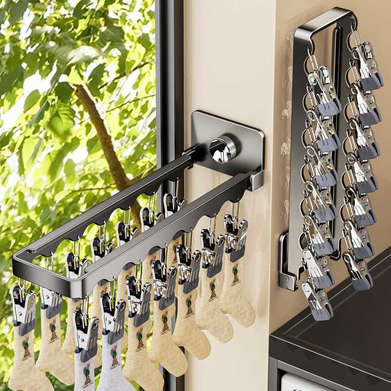 Suction Cup Foldable Sock Drying Rack with Multiple Clips, Invisible Clothes Hanger for Balcony, Multifunctional Hanger for Drying Underwear