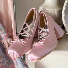 缎面丝带高跟鞋2024新款芭蕾法式少女蝴蝶结交叉系带玛丽珍鞋单鞋