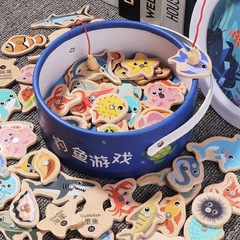 木製バケツ入り海洋釣り玩具児童早教知育認知趣味磁気海洋小魚親子ゲーム