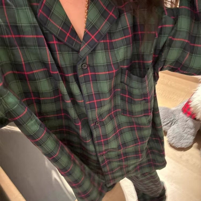 Retro Color-Blocked Plaid 2026 Spring and Autumn New Women's Pajamas, Internet Celebrity Style Long-Sleeve Long-Pants Casual Loungewear Set Retro Color-Blocked Plaid 2026 Spring and Autumn New Women's Pajamas, Internet Celebrity Style Long-Sleeve Long-Pants Casual Loungewear Set