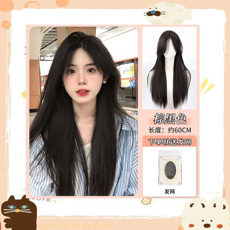 [brown and black] mechanism with long straight hair parted in the middle