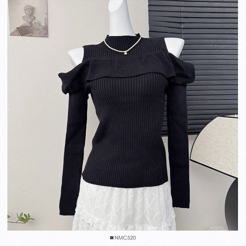 French-Style Ruffled Off-Shoulder Long-Sleeve Knit Top for Women, Spring 2026, Sexy and Stylish, Slim-Fit Base Shirt French-Style Ruffled Off-Shoulder Long-Sleeve Knit Top for Women, Spring 2026, Sexy and Stylish, Slim-Fit Base Shirt