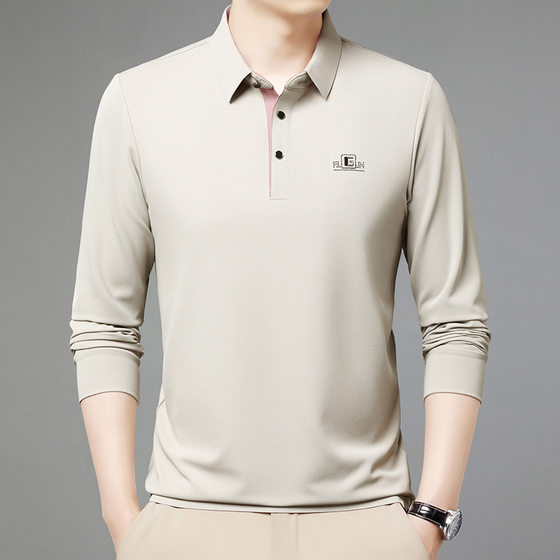 Live Hot Long-sleeved T-shirt Men's Contrast Placket Spring New Lapel Fashionable All-match Middle-aged Men's Polo Shirt