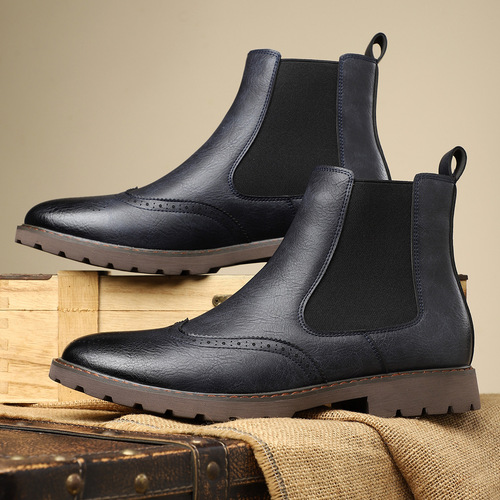 Chelsea boots with Martin design, men's new brogue-embellished business high-top slip-on pointed-toe leather boots in English style