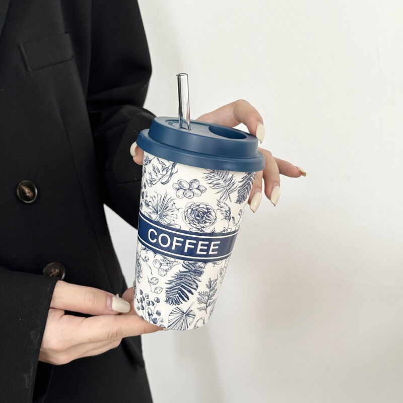 セラミックカップ高颜値夏ストローカップ女子デザイン感コップ家庭用マグカップオフィスコーヒーカップ|undefined