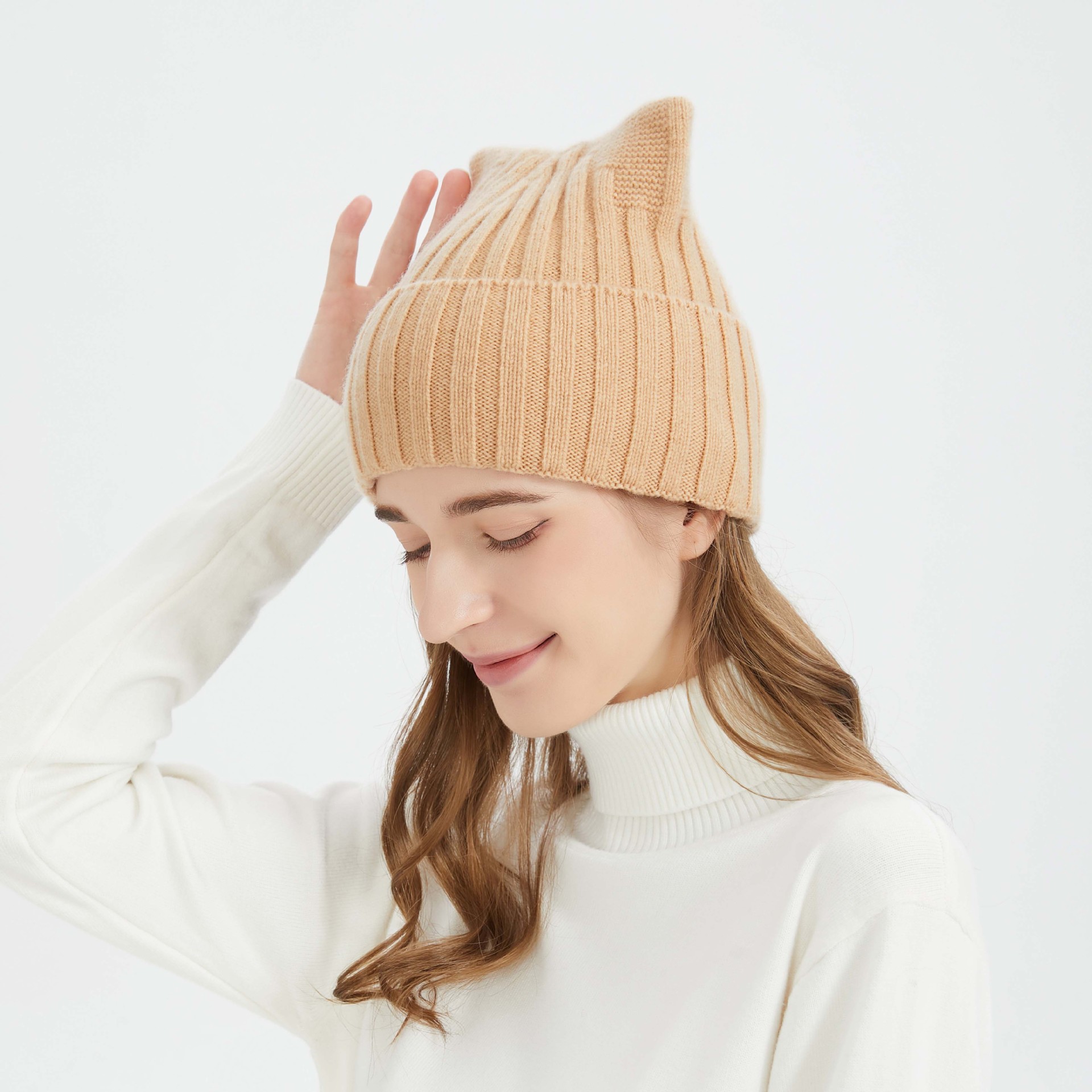 Orejas de gato 100% sombrero de lana invierno de las mujeres versátil otoño e invierno cálido sombrero de punto moda engrosada sombrero de lana de invierno