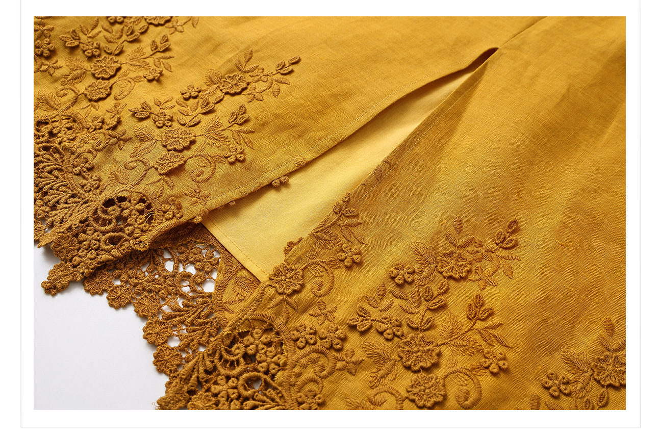 Bộ áo váy nữ phong cách Trung Hoa mùa hè vải lanh thêu ren cao cấp ZX N4047 — Chân váy màu trắng be, Áo màu caramel, Áo màu trắng be, Chân váy màu caramel chi tiết 23