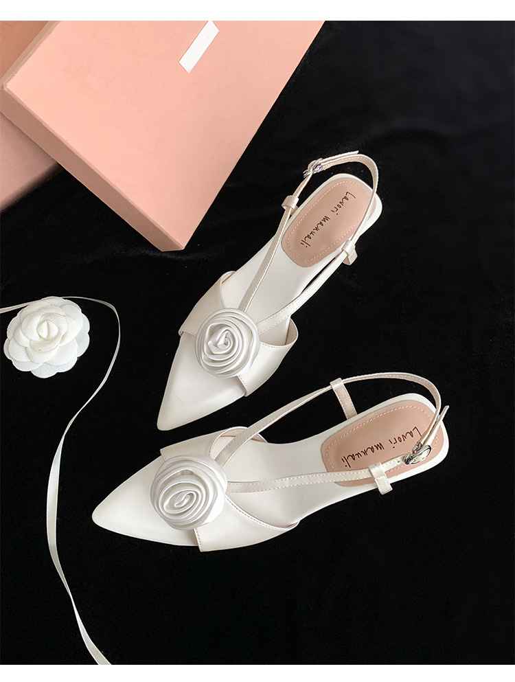 Sandal cao gót nữ quai ngang mũi nhọn hở mũi đế xuồng platform hoa sơn trà — màu hồng, màu trắng chi tiết 11