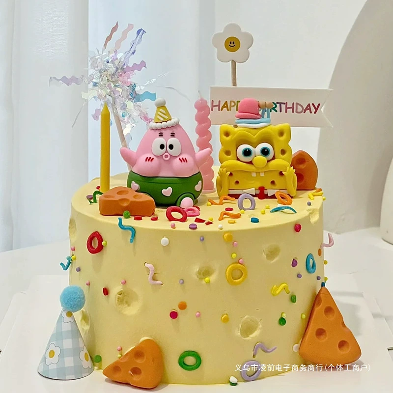 [网红海绵宝宝派大星蛋糕装饰摆件儿童男孩女孩生日甜品台烘焙插牌]
