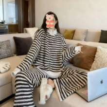 睡衣加厚加绒珊瑚绒外套女冬季新款简约风条纹睡衣家居休闲穿舒适