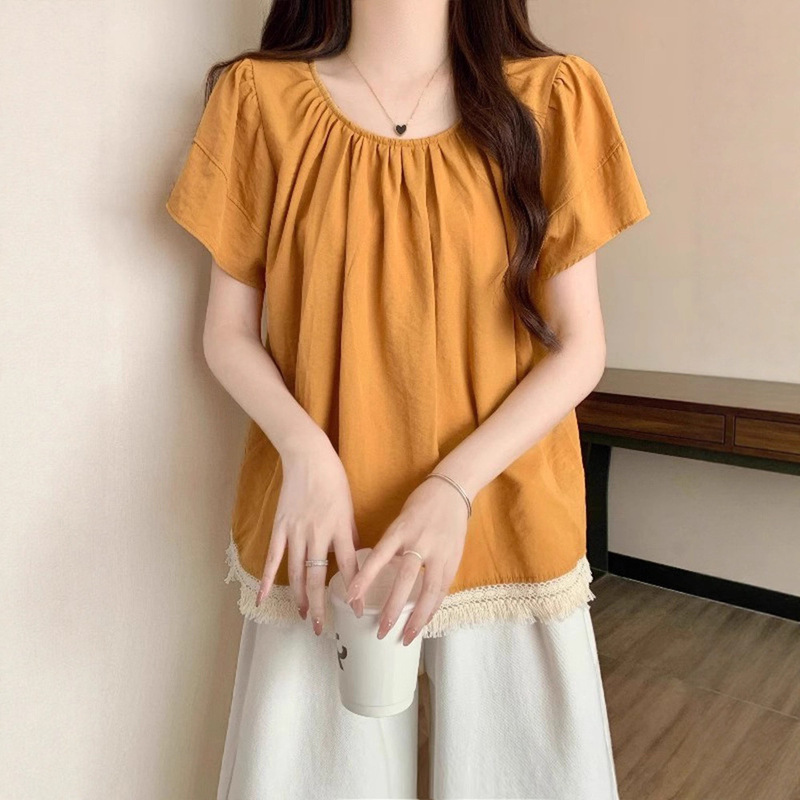 Pumpkin-Colored Short-Sleeved Shirt for Women, 2026 Summer New Style, Plus Size, Slightly Chubby, Tassel Hem, Babydoll Top