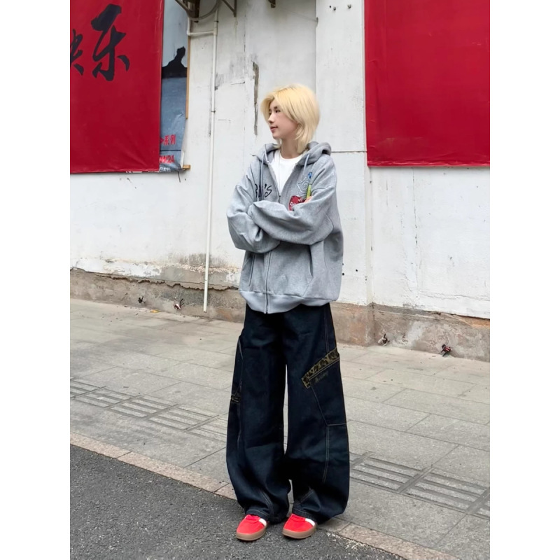 【广州新塘牛仔】复古豹纹拼接大口袋弯刀牛仔裤女夏季新款阔腿长|undefined
