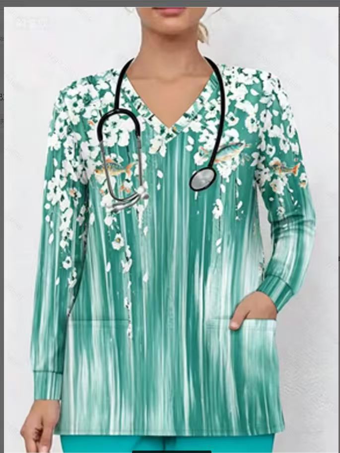 Printed V-neck long-sleeve nurse uniform, medical workwear, women's elastic style for hospital and clinic