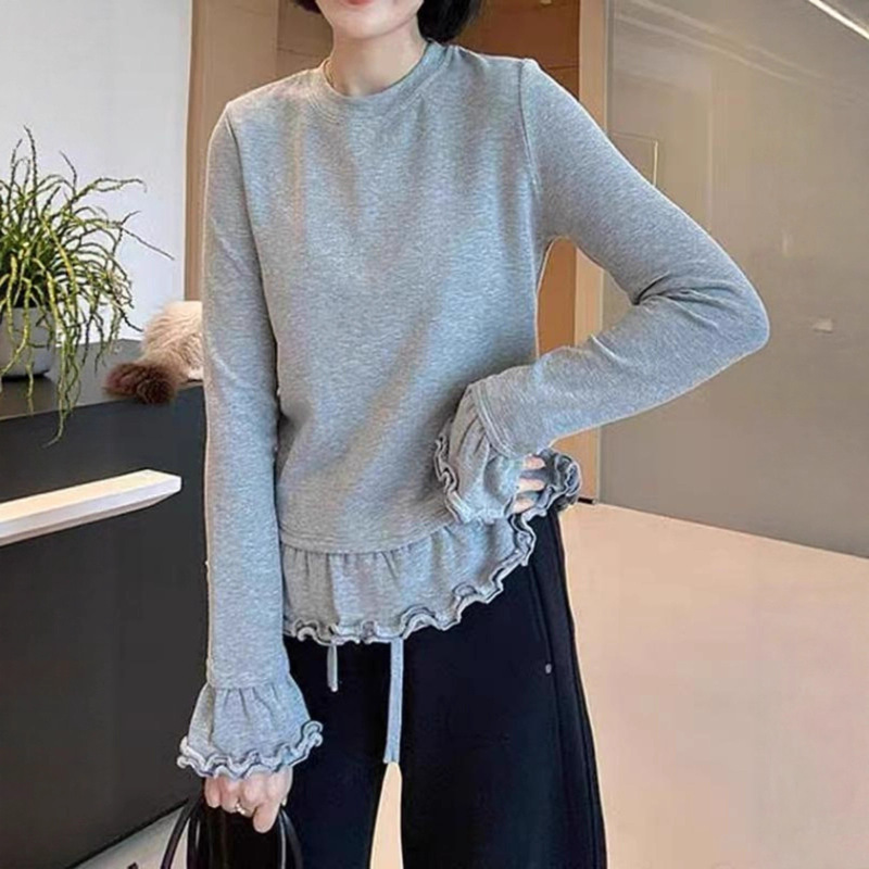 Plus-Size Pure Cotton Ruffled Multi-Layer Long-Sleeve T-Shirt, New Autumn Style for Chubby Women, Super Stylish and Unique Inner Top