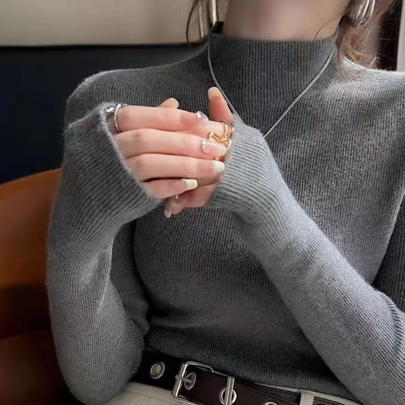 半高领打底衫女秋冬新款修身毛衣洋气显瘦针织衫上衣冰丝肩带款|undefined