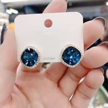 韓國網紅氣質新款藍色水晶方形耳釘法式復古港風赫本精致耳環耳飾