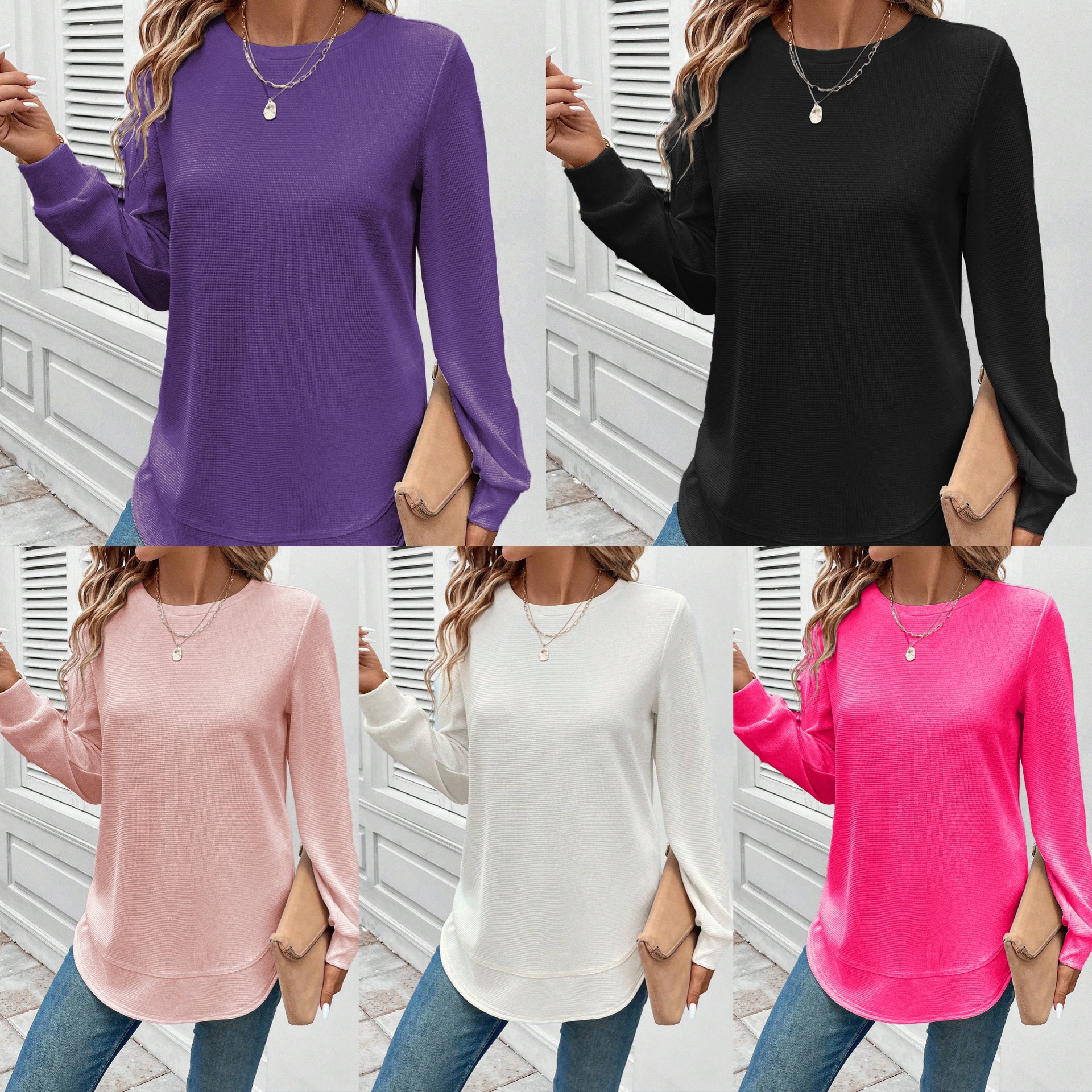 2025 Amazon Hot Selling New Spring, Autumn and Winter Loose Elegant Elegant Pure Color Round Neck Long-Sleeved Sweatshirt Tops for Women