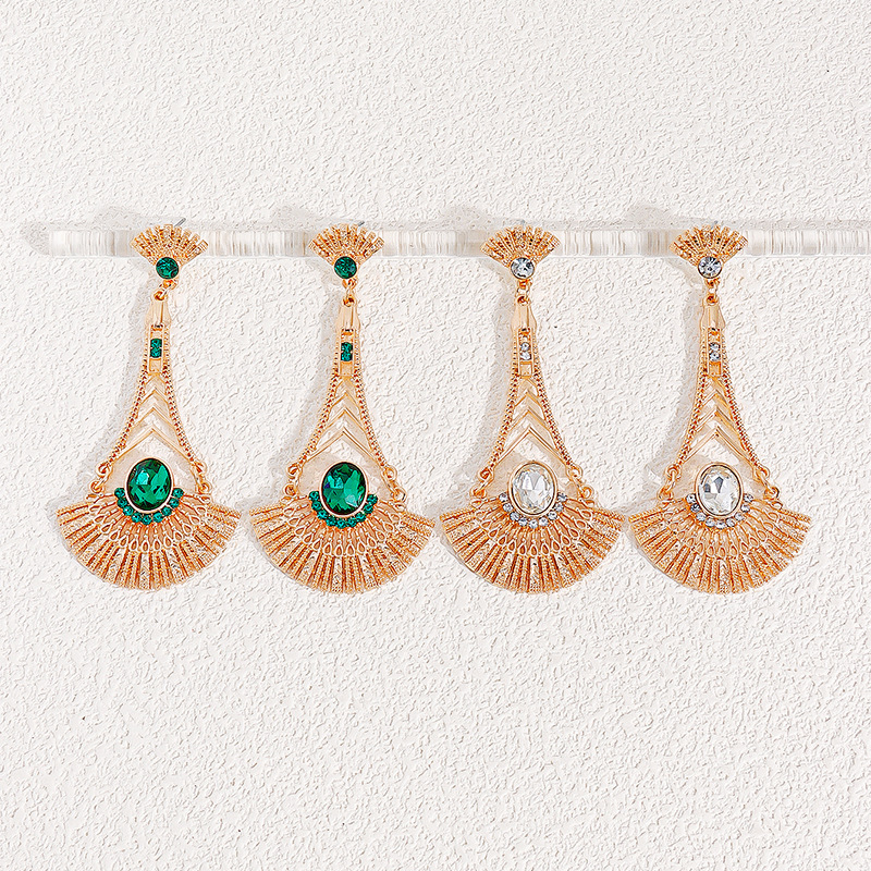 Golden Gorgeous Fan-shaped Earrings Zinc Alloy Glass Material Exquisite Gem Inlaid Female Banquet Celebration Earrings