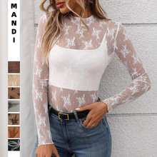 2025新款欧美跨境亚马逊女士半高领透视长袖T恤性感Y2K网纱上衣