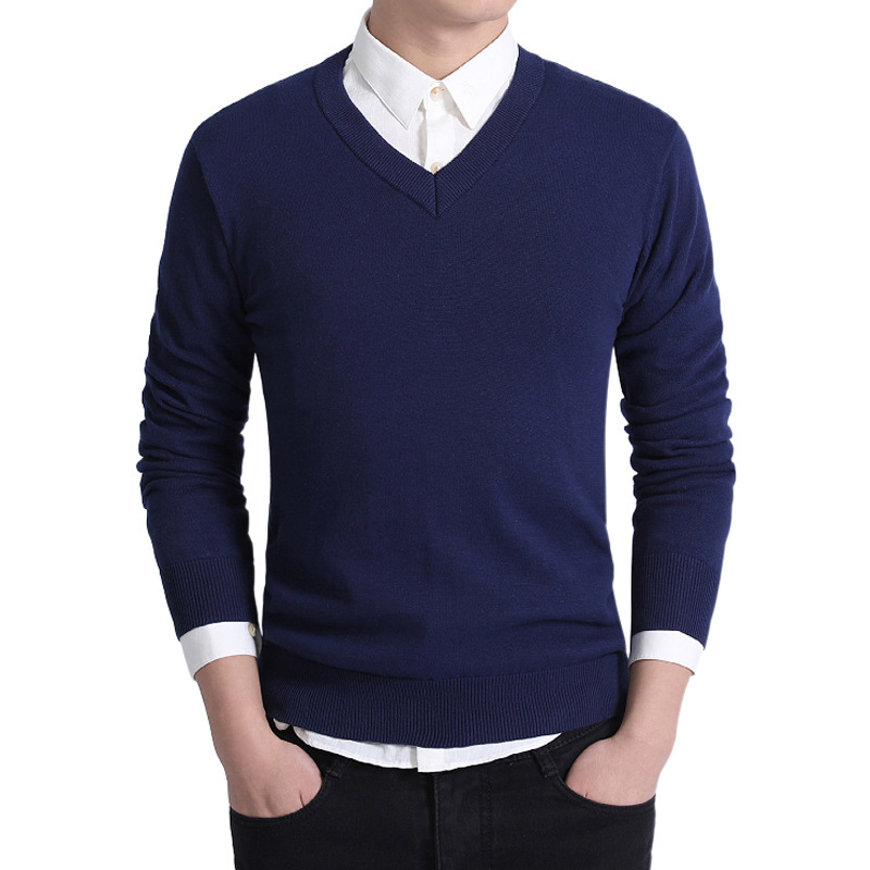 Autumn Pullover Men's New Slim-fit Sweater Youth Solid Color Casual Business Men's Wear V-neck Base Shirt