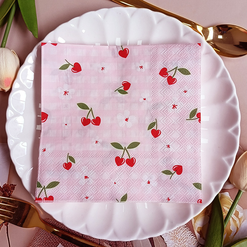 Printed Napkin Colorful Flowers Cherry Party Restaurant Party Decoration Disposable Paper Towel Cross Border Wholesale