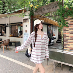 【自家工厂现货】夏日宽松慵懒条纹长袖防晒衣半开领休闲上衣女