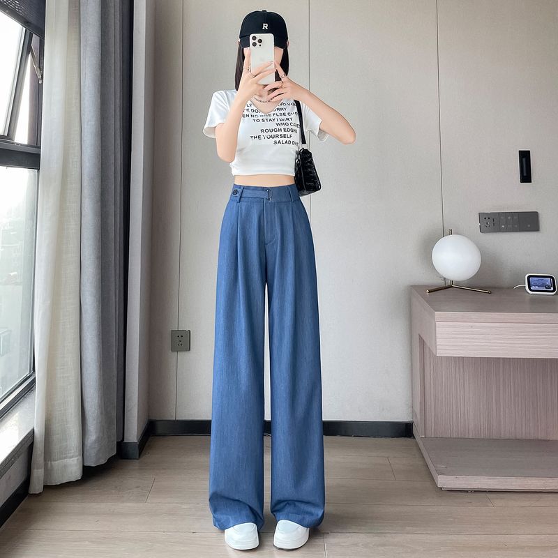 天丝软牛仔裤女夏季薄款小个子松紧高腰显瘦直筒垂感冰丝阔腿长裤|undefined