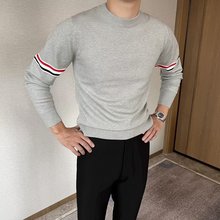 圆领针织衫毛衣男女情侣条纹撞色套头毛线衣春秋季简约轻熟打底衫