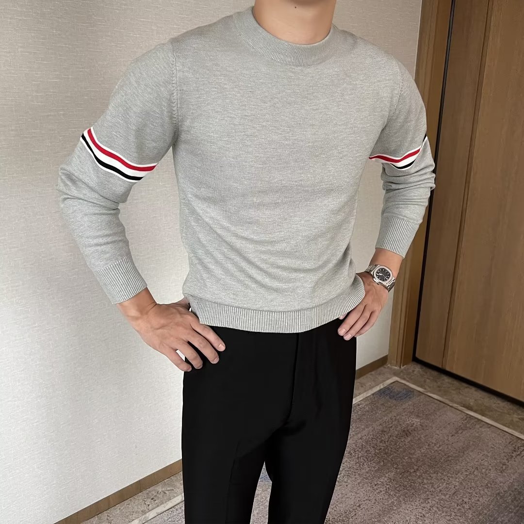 圆领针织衫毛衣男女情侣条纹撞色套头毛线衣春秋季简约轻熟打底衫