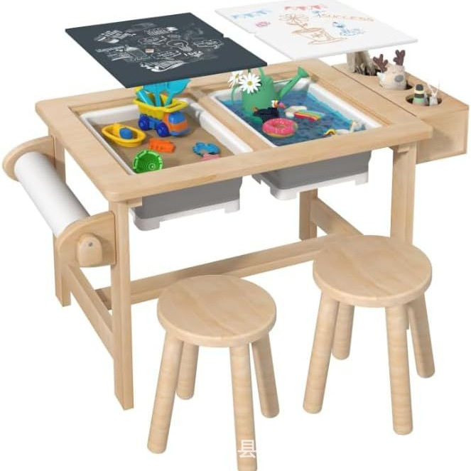 Children's Wooden Sensory Table with Double Panel Activity Game Table Baby Indoor Outdoor Storage Box Sandtable Game Table