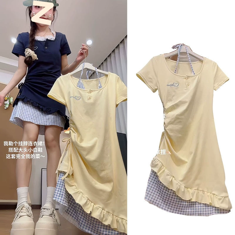 Французское платье с короткими рукавами из двух частей подтяжки шея платье женское лето 2025 новый маленький человек с плиссированной талией длинное платье