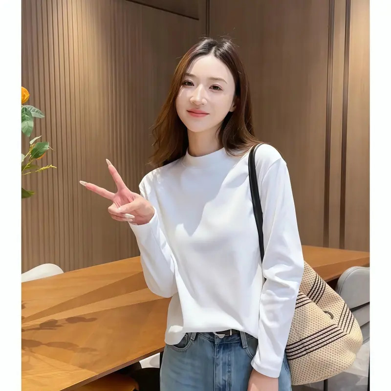 Women's high-neck base layer top, loose fit, new autumn/winter style, Korean style, high-end, slimming, solid color, long sleeves, plus size top
