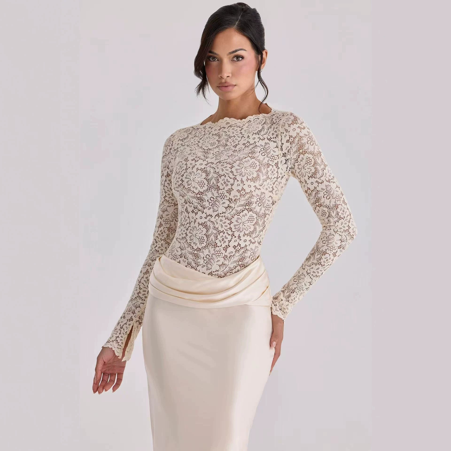 Women's Sexy Lace See Through Patchwork Bodycon Skirt Fashion Satin Pleated Fishtail Elegant_ecoleips.com