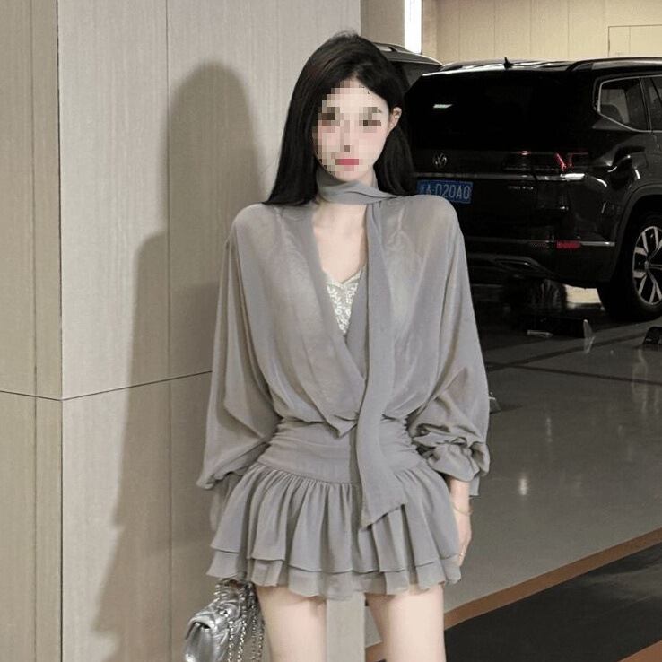 Gray Ribbon Cross V-Neck Long-Sleeve Dress for Women, Early Autumn Elegant Fitted Short Dress, Socialite Style A-Line Dress