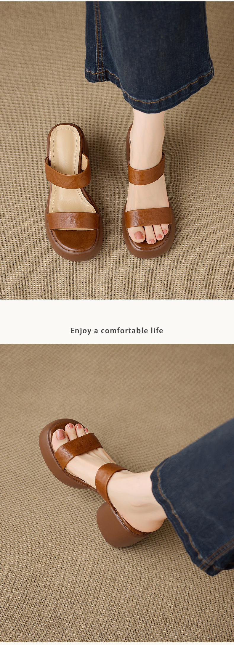 Sandal cao gót nữ quai ngang hở mũi đế xuồng gót vuông 9 cm — màu nâu, màu đen, màu trắng ngà chi tiết 6