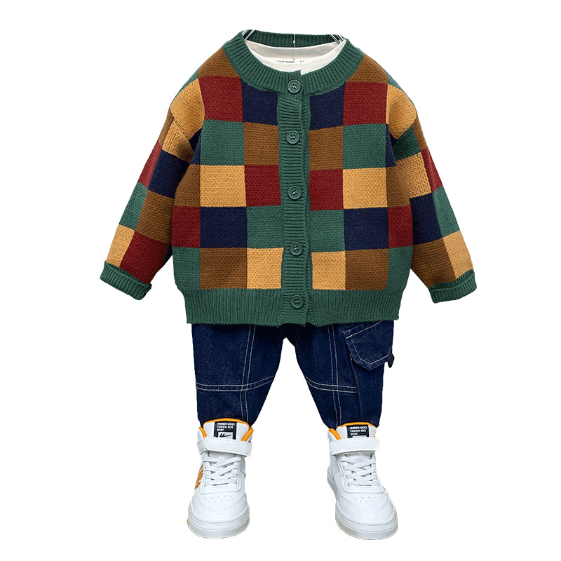 6666 abrigo de suéter para niños ropa de otoño e invierno 2025 nuevo cárdigan a cuadros para niños suéter de punto de otoño para niños