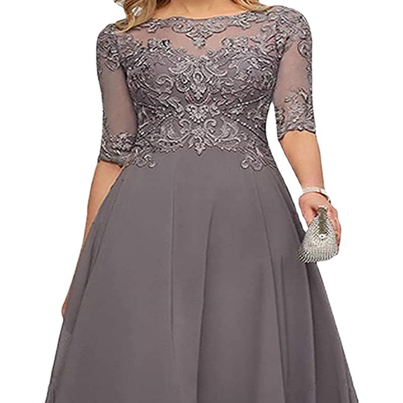 Nuevo Comercio exterior Amazon popular vestido de noche de encaje cuello redondo elegante adelgazamiento gasa largo piso-longitud vestido de banquete