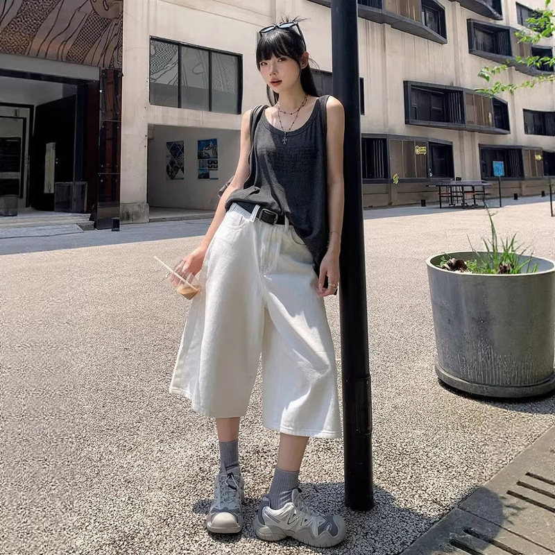 Slimming Wide-Leg Cropped Pants for Women, High-Waisted Straight White Denim Capri Pants, Petite Summer Thin Loose-Fitting 7/8 Pants