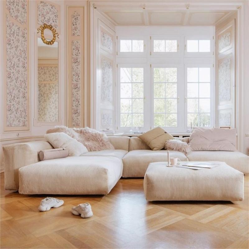 Sofá de tela de pana retro nórdico sala de estar frijoles wabi-wabi-viento bloque de podredumbre estilo crema antigua combinación de sofá chaifei