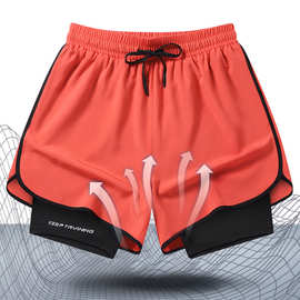 夏季男女运动跑步短裤马拉松田径美式速干内衬假两件三分裤男士潮