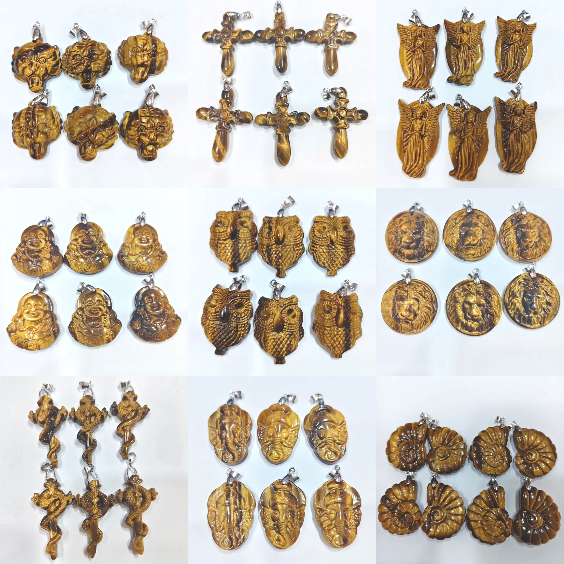Natural yellow tiger eye stone carved pendant tiger head lion head angel owl cross necklace pendant cross-border jewelry