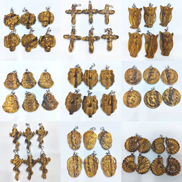 Natural yellow tiger eye stone carved pendant tiger head lion head angel owl cross necklace pendant cross-border jewelry