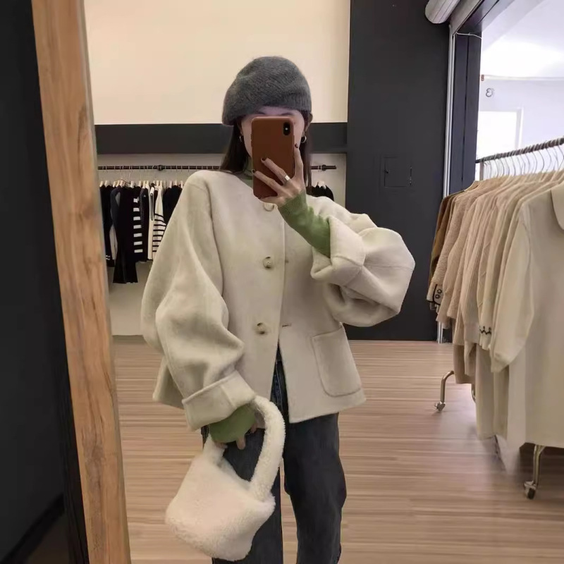 Casual short coat for women Korean style autumn and winter 2023 New mulberry silk wool hand-stitched double-sided woolen coat