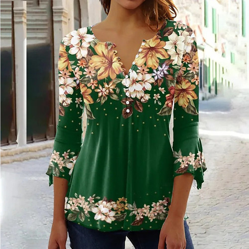  Amazon European and American new style summer fashion Ruili floral print V-neck and quarter-sleeved T-shirt