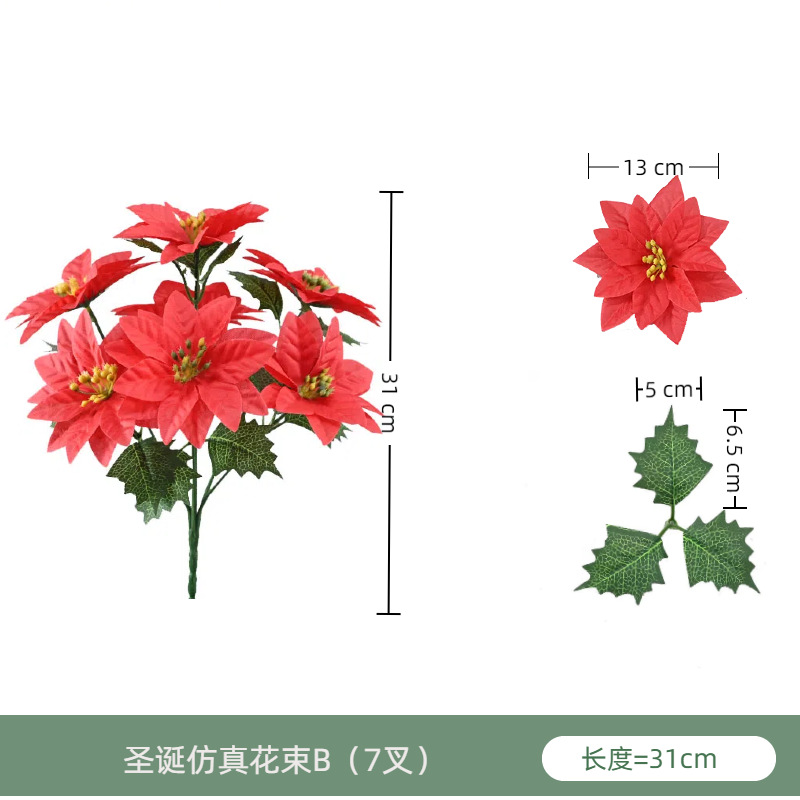 Simulación de flores 7 flores de Navidad flores falsas hojas espinosas una decoración de Navidad poinsettia flores de Navidad explosión