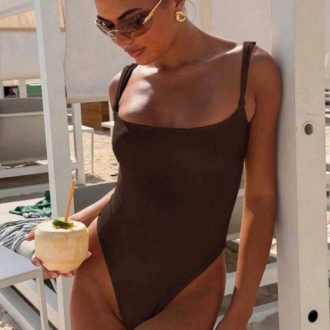 2026 European and American Cross-Border New Style One-Piece Strapless Brown Solid Color Slim Fit High-End Party Beach Vacation Swimsuit