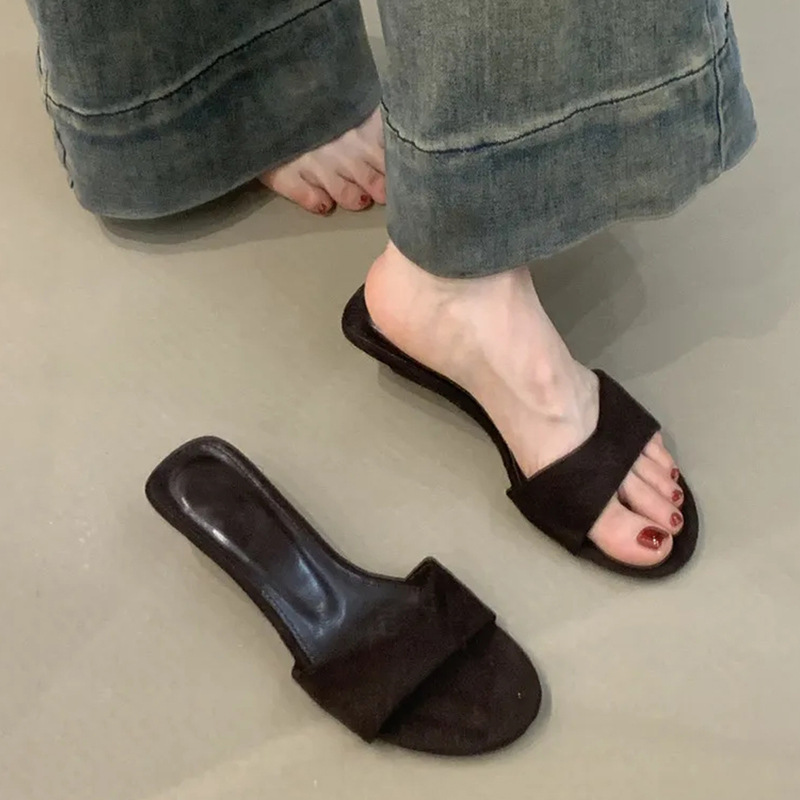 复古绒面小坡跟露趾一字拖鞋女外穿舒适软底一脚蹬凉拖鞋|undefined
