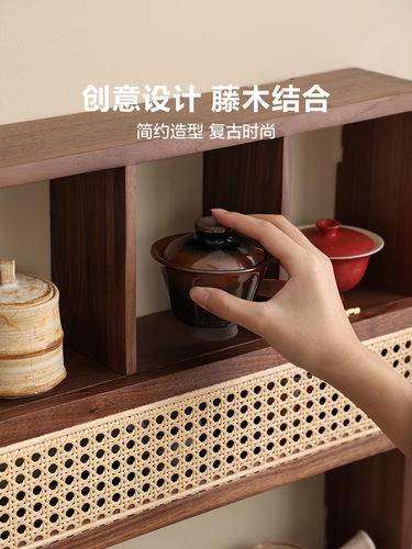 Solid wood tea room storage rack, wall hanging rack, rattan display cabinet, Duobao Pavilion living room, Fan Han ornaments tea cup holder